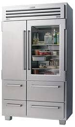 A luxury kitchen appliance, this stainless steel refrigerator boasts four lower drawers and two upper doors, one with a glass panel revealing your favorite foods and drinks inside. Perfect for any upscale home or appliance showroom.