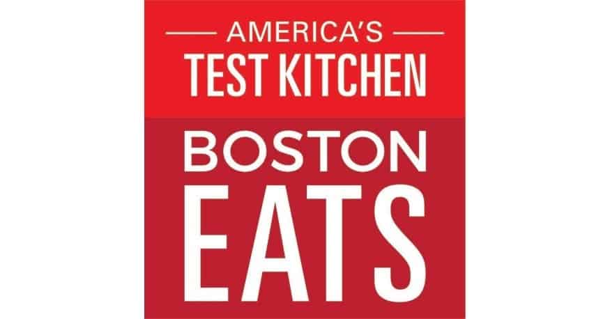 Logo with white text on a red background reading "America's Test Kitchen" above "Boston Eats," ideal for a kitchen showroom or luxury kitchen appliance display.