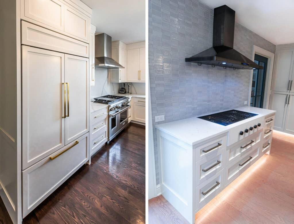 Split image of two modern kitchens: the left side showcases luxury kitchen appliances like a Sub Zero appliance with gold handles; the right side features a cooktop with a black hood and sleek under-cabinet lighting.