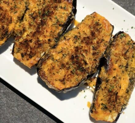 Baked Eggplant Mac and Cheese made with Wolf Oven