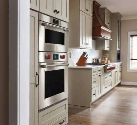 Modern kitchen with stainless steel built-in double oven, beige cabinets, wooden floors, and a countertop with a knife block and kitchen utensils—perfect inspiration for any kitchen showroom.