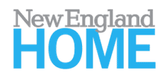 The logo features the words "New England" in gray and "HOME" in large blue letters on a white background, perfectly reflecting the elegance of a kitchen showroom or the sophistication of a luxury kitchen appliance brand.