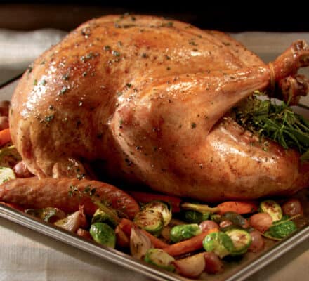 A whole roasted turkey garnished with herbs and surrounded by Brussels sprouts, onions, carrots, and potatoes on a baking tray—an impressive dish to prepare using your Wolf appliance in a modern kitchen showroom.