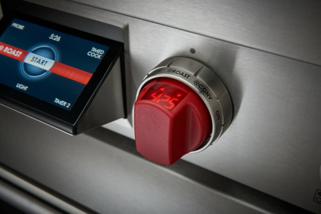 Wolf’s new Dual-Fuel Range has a full-color touch screen controls and LED backlit control knob that illuminate when in use..  
