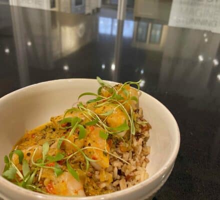 A white bowl with shrimp, rice, and green garnish sits on a dark countertop in a modern kitchen featuring a luxury kitchen appliance.