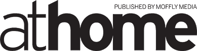Logo for 'athome' magazine with the text 'Published by Moffly Media' in the upper right corner, ideal for an appliance showroom or featuring luxury brands like Sub-Zero and Wolf appliances.