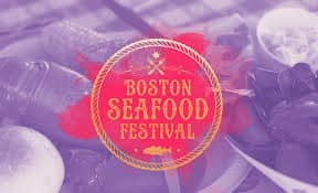 Logo for the Boston Seafood Festival, featuring bold yellow text on a red circular emblem set against a blurred background of seafood dishes—perfect for an appliance showroom or any space showcasing Wolf and Sub Zero appliances.