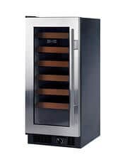 A compact, stainless steel wine cooler with a glass door and six wooden shelves, this luxury kitchen appliance is perfect for storing wine bottles in style.