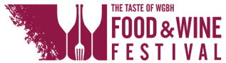 Logo for The Taste of WGBH Food & Wine Festival, featuring wine bottles, a fork, and event text in burgundy—perfect for culinary enthusiasts and fans of luxury kitchen appliances like Sub-Zero or Wolf.