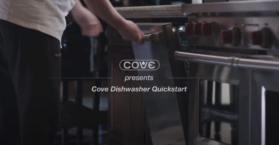 A person stands next to an open dishwasher in a kitchen, showcasing a luxury kitchen appliance, with the text "Cove presents Cove Dishwasher Quickstart" on the image.