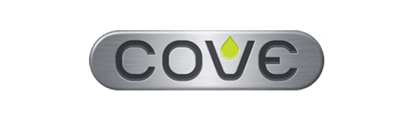 Logo with the word "COVE" in black letters on a metallic oval background; the letter "O" contains a green droplet shape, evoking the elegance often found in a luxury kitchen appliance or kitchen showroom.