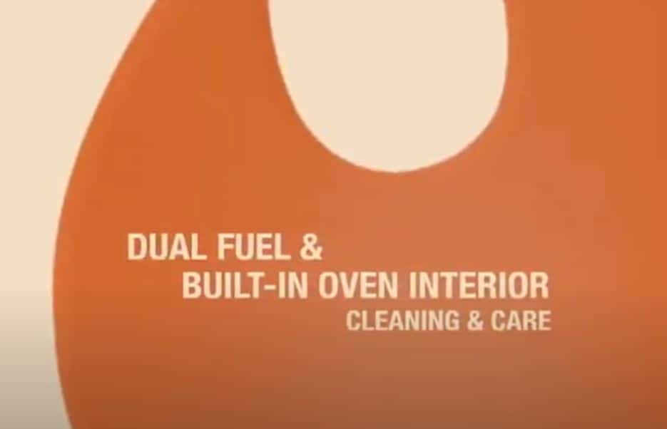 Text reads: "Dual Fuel & Built-In Oven Interior Cleaning & Care" on an abstract orange and beige background, perfect for showcasing in a luxury kitchen appliance or kitchen showroom.