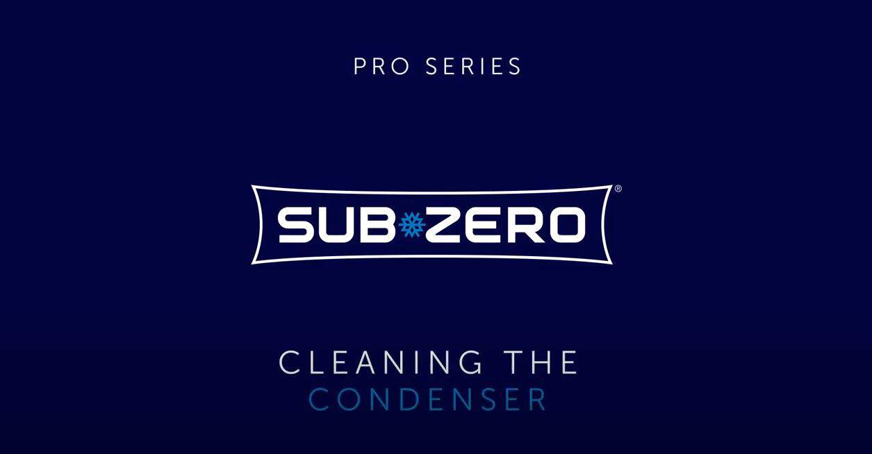 Blue image with the Sub-Zero logo in the center. Text above reads "Pro Series" and below reads "Cleaning the Condenser." Perfect for display in a kitchen showroom or appliance showroom alongside Wolf appliances.