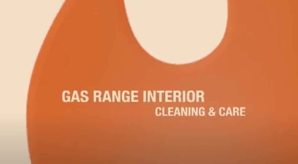 Text reading "Gas Range Interior Cleaning & Care" on an orange and beige background, perfect for showcasing luxury kitchen appliance maintenance or enhancing your kitchen showroom’s display.