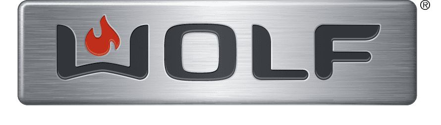 Rectangular metallic logo with the word "WOLF" in black letters; the "O" is stylized with a red flame, symbolizing a luxury kitchen appliance from the renowned Wolf appliance line.