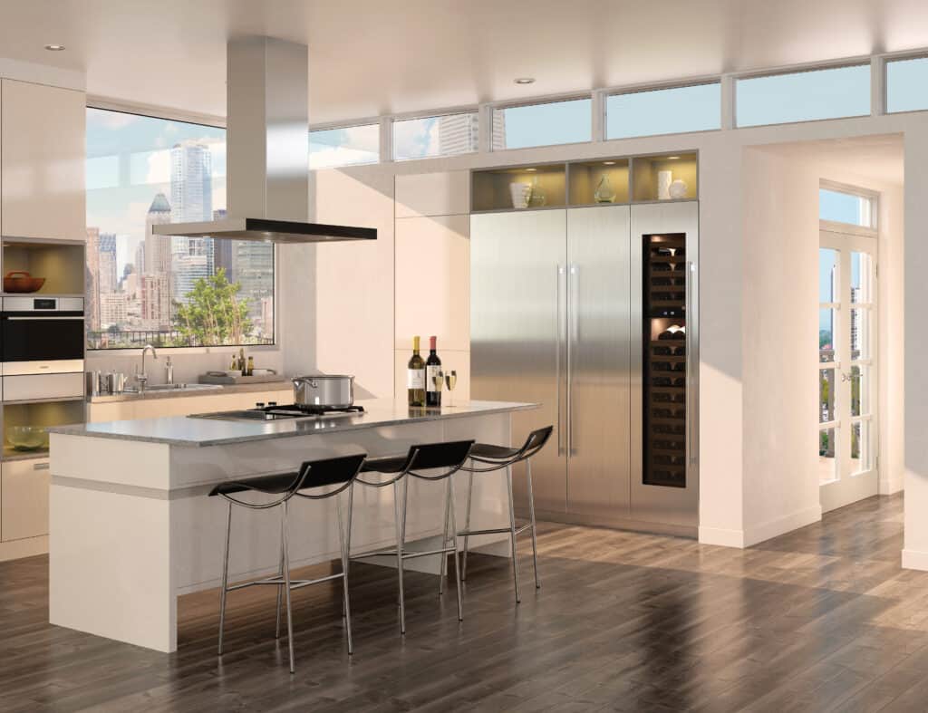 Sub-Zero Freezer between a Sub-Zero Refrigerator and Wine Storage present a sleek, clean food and drink preservation trio in this city condo.