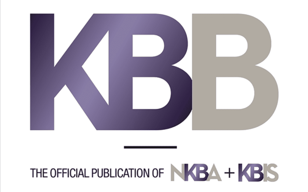 KBB magazine logo with text stating "The Official Publication of NKBA + KBIS" in purple and gray letters, ideal for any kitchen showroom featuring Sub-Zero or Wolf appliances.
