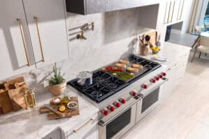 A Wolf Dual Fuel Range can be configured to include gas burners, griddle, charbroiler or French Top in various combinations, depending on your cooking style.