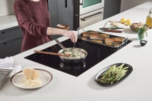 Wolf induction cooktops use magnets to create heat in the pan, leaving the cooking surface cool to the touch, offering the most energy-efficient cooking technology.