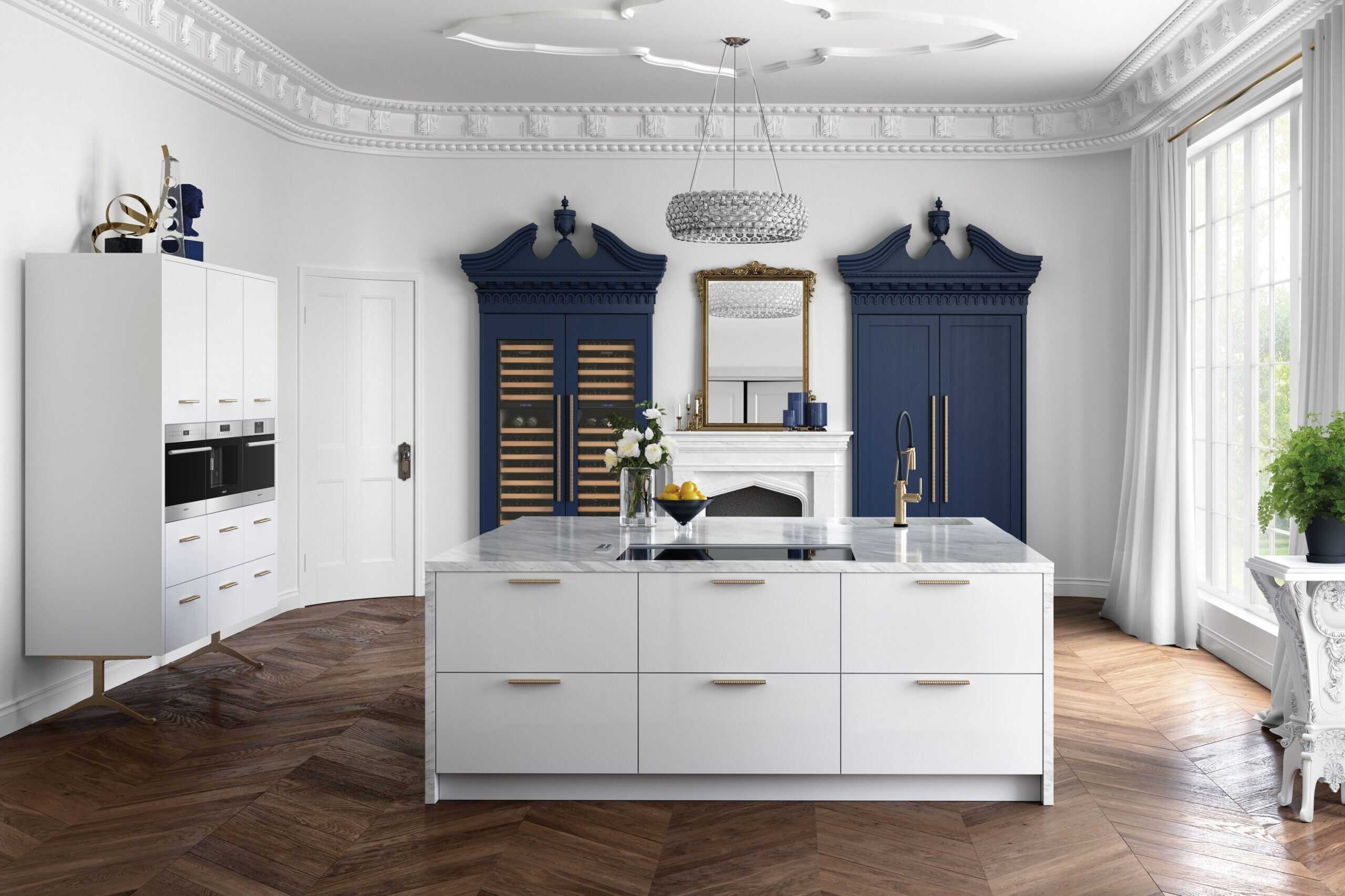 In stunning modern open dining area, Sub-Zero wine storage becomes part of the décor.
