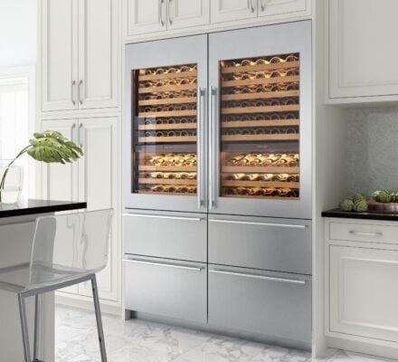Sub-Zero wine refrigeration can be configured to fit beautifully in a kitchen, with wine storage above and refrigerator drawers below.