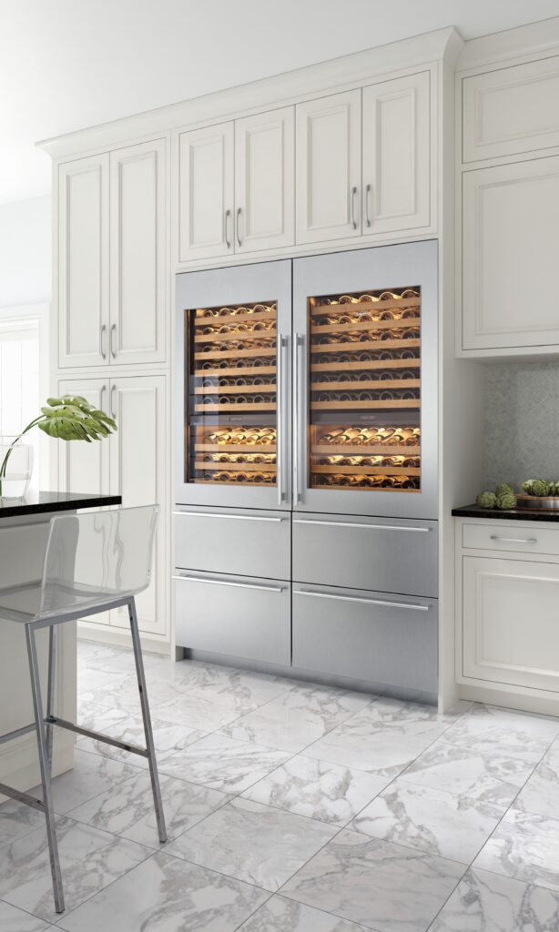 Sub-Zero wine refrigeration can be configured to fit beautifully in a kitchen, with wine storage above and refrigerator drawers below.