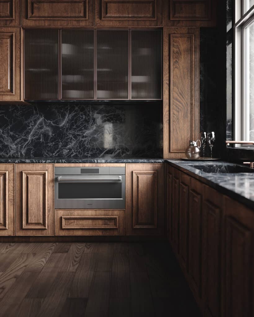 Modern kitchen with dark wood cabinets, black marble countertops and backsplash, a built-in steam convection oven, and glass-front upper cabinets next to a large window.