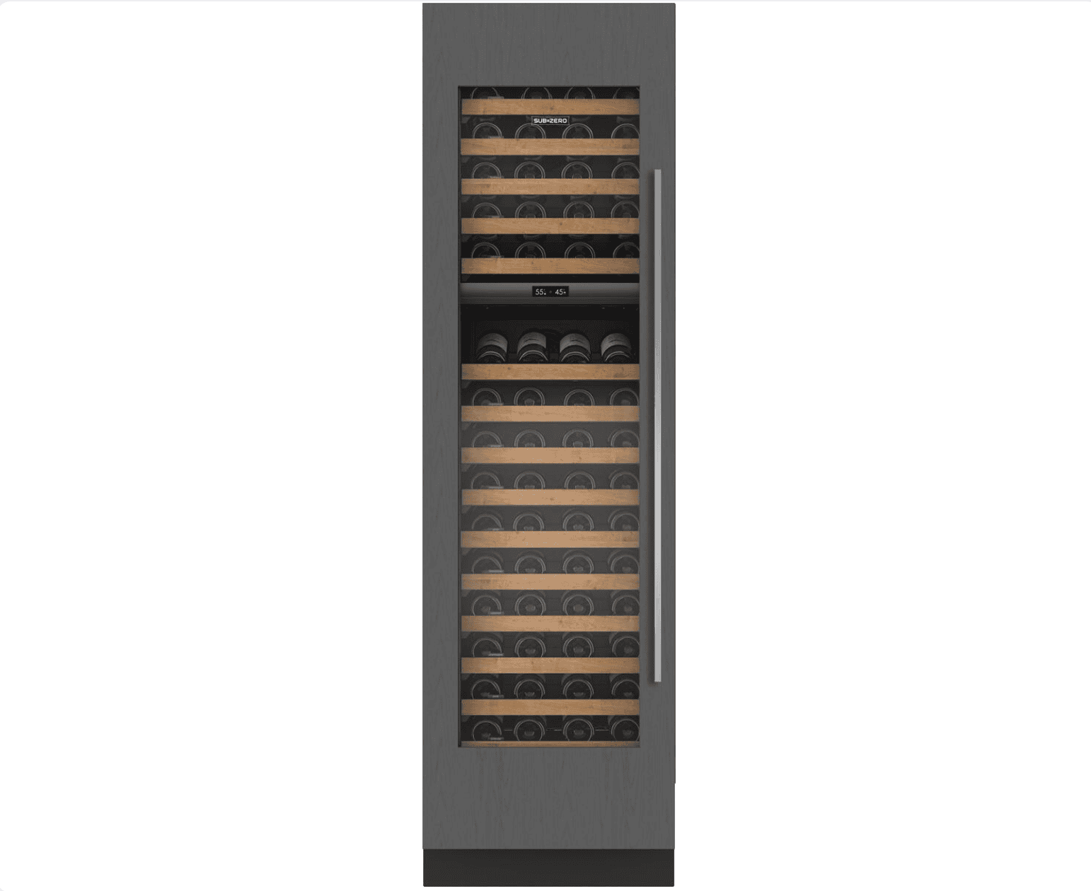 Tall, slim wine refrigerator with glass door displaying multiple shelves storing wine bottles horizontally; digital control panel in the center.