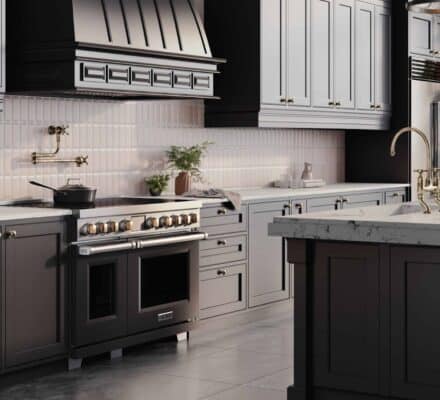 Modern luxury kitchen with dark cabinets, marble countertops, a large stove, brass fixtures, and potted plants on the backsplash under natural light from a nearby window.